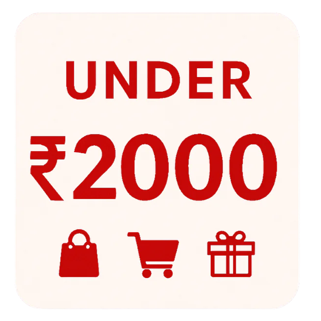 White square with 'UNDER ₹2000' text and shopping icons on a red background