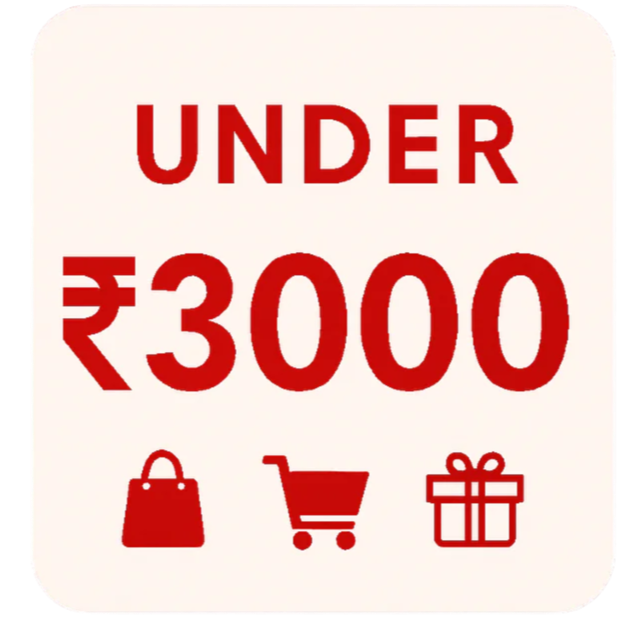 White square with 'UNDER ₹3000' text and shopping icons on a red background