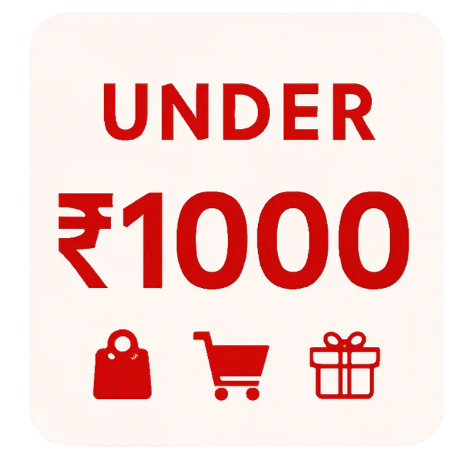 White square with 'UNDER ₹1000' text and shopping icons on a red background